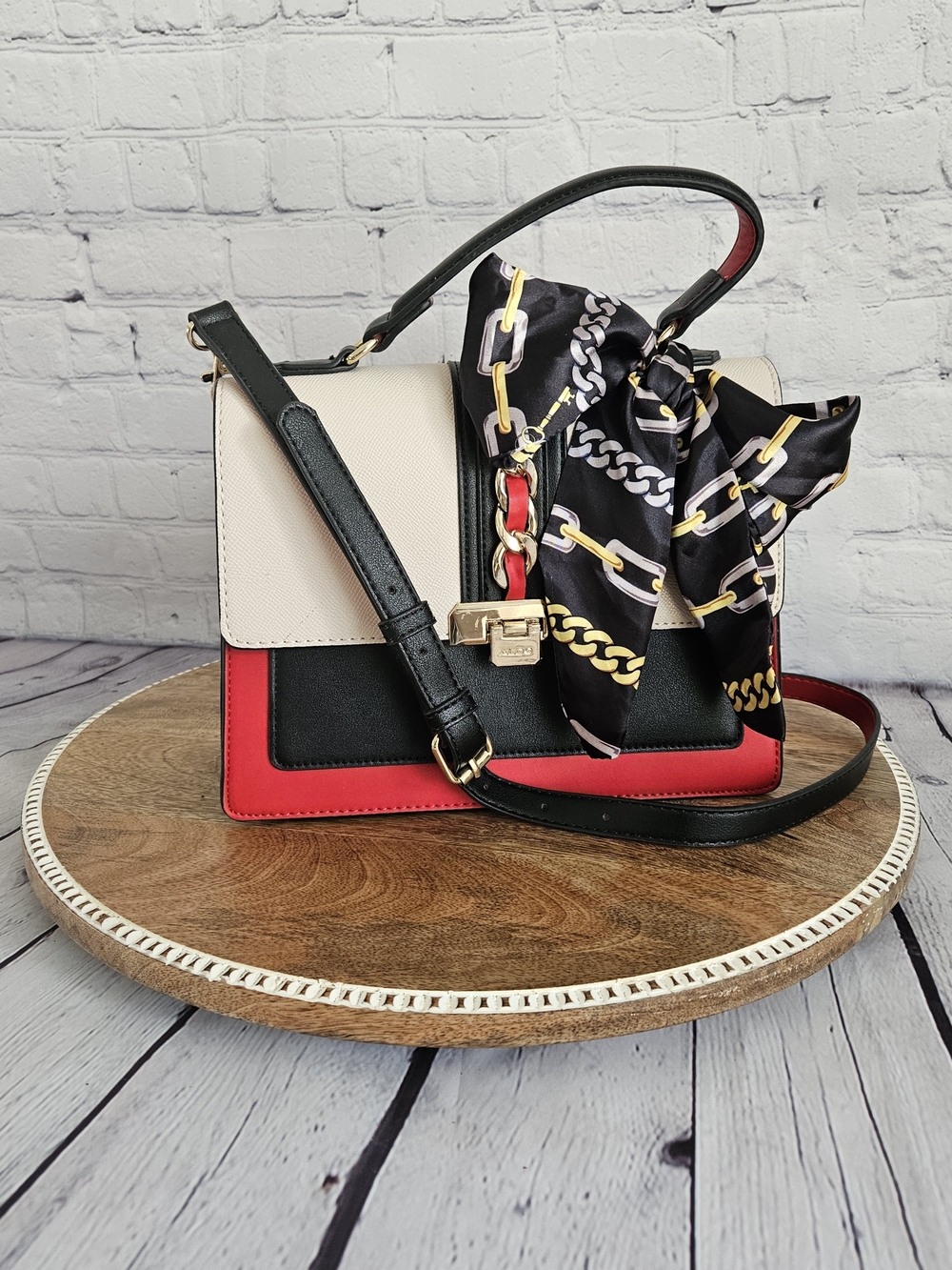 Colorblock Top-Handle Satchel/Crossbody Bag with Scarf - Black/Red/Cream